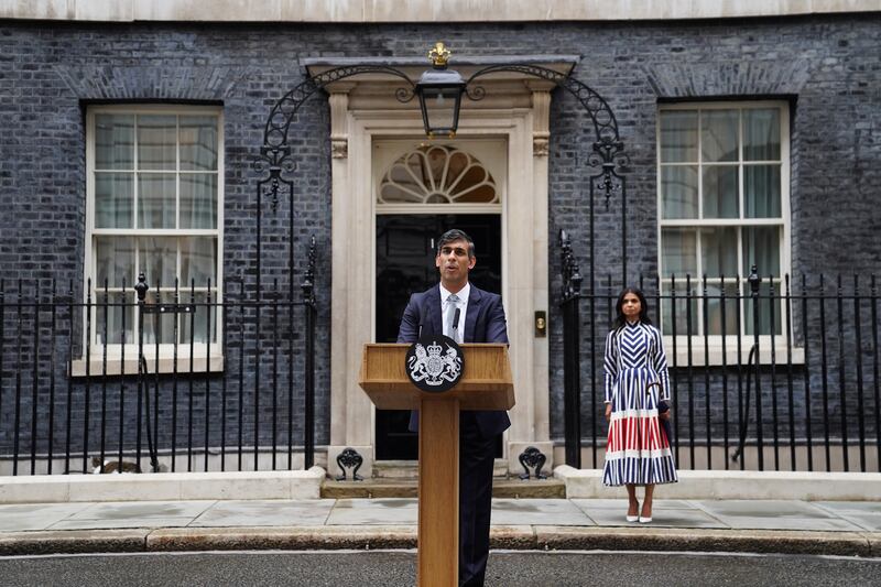 Outgoing Conservative prime minister Rishi Sunak gives a speech in Downing Street following his party’s landslide defeat to the Labour Party in the general election