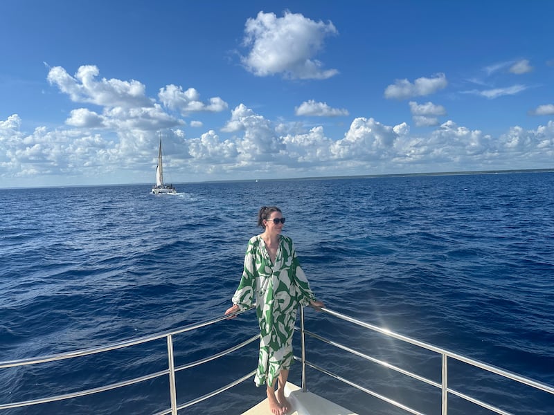 Writer Lauren Taylor on a catamaran to Saona