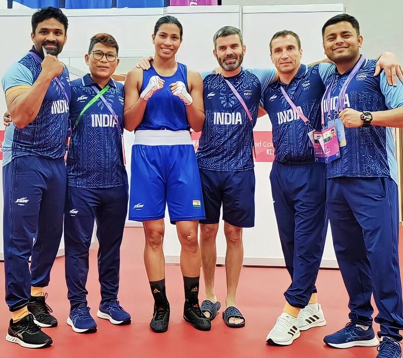 Former Irish High Performance director Bernard Dunne (third from right) and ex-Irish coach Dima Dmitruk (second from right) will pit India's Hussam Mulhammed against Tyrone bantamweight Jude Gallagher on Friday