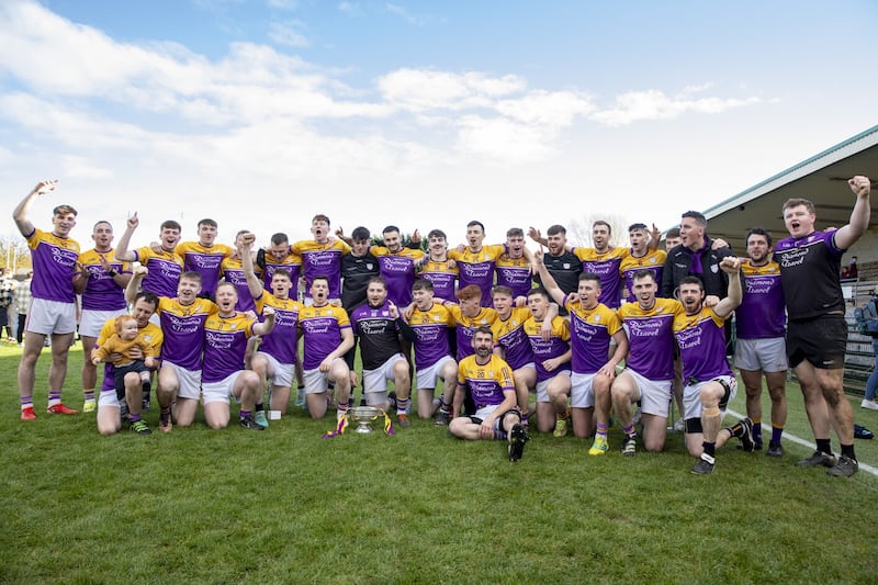 The Derrygonnelly Harps panel celebrate regaining the Fermanagh SFC crown.