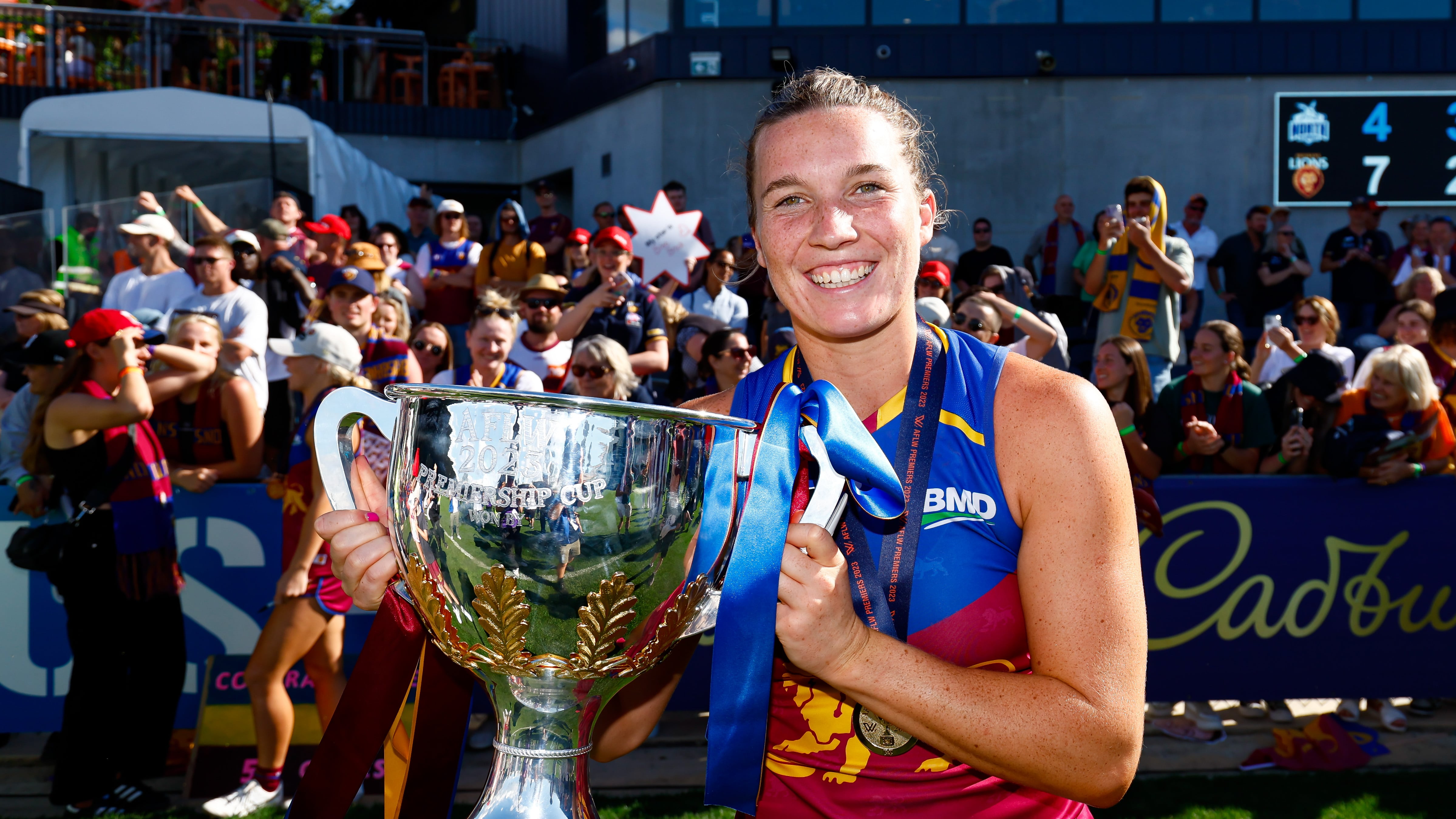 MELBOURNE, AUSTRALIA - DECEMBER 03: Jennifer Dunne of the Lions poses for a photo during the 2023 AFLW Grand Final match between The North Melbourne Tasmanian Kangaroos and The Brisbane Lions at IKON Park on December 03, 2023 in Melbourne, Australia. (Photo by Dylan Burns/AFL Photos via Getty Images)