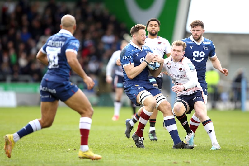 Sake Sharks and England forward Jonny Hill (centre) in action for his club