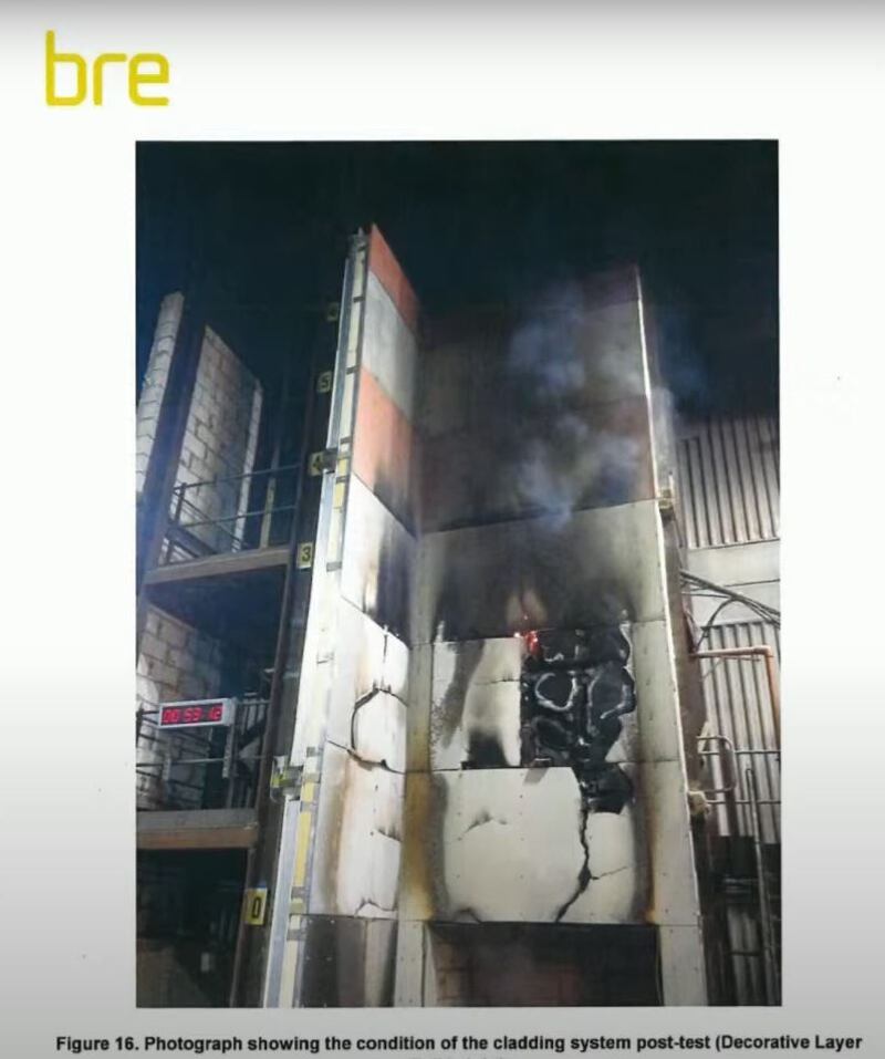 Screen grab from the Grenfell Inquiry, showing a cladding fire test rig carried out in May 2014 at the Building Research Establishment (BRE) by insulation maker Celotex