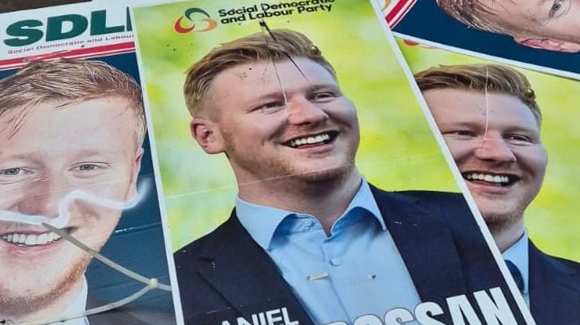 Posters of West Tyrone election candidate Daniel McCrossan were stolen in Omagh before being damaged.
