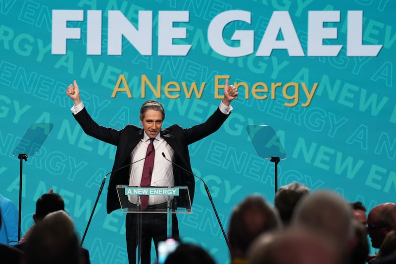 Fine Gael leader Simon Harris speaking at the 82nd Fine Gael Ard Fheis at the University of Galway