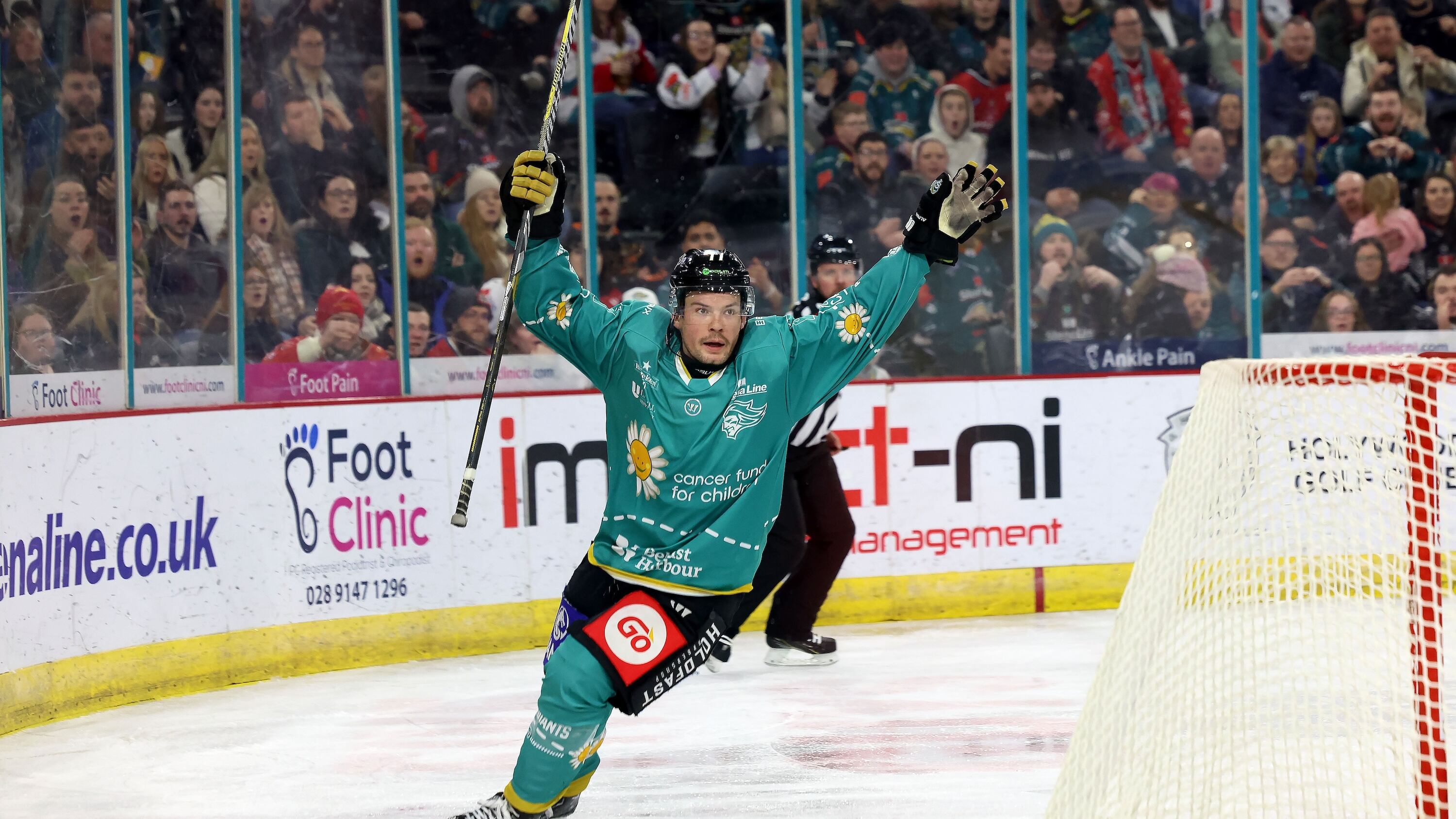 Belfast Giant Josh Roach celebrating a goal at the SSE Arena