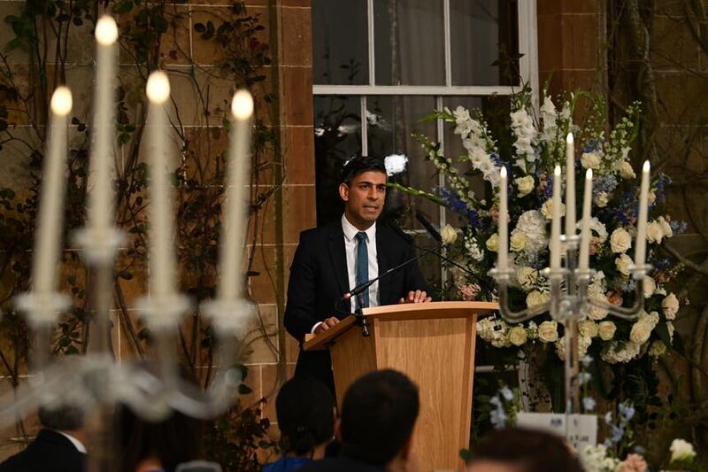 Prime Minister Rishi Sunak delivers a speech during a gala dinner at Hillsborough Castle, Co Down, at the end of the international conference marking the 25th anniversary of the Belfast/Good Friday Agreement (Charles McQuillan/PA)