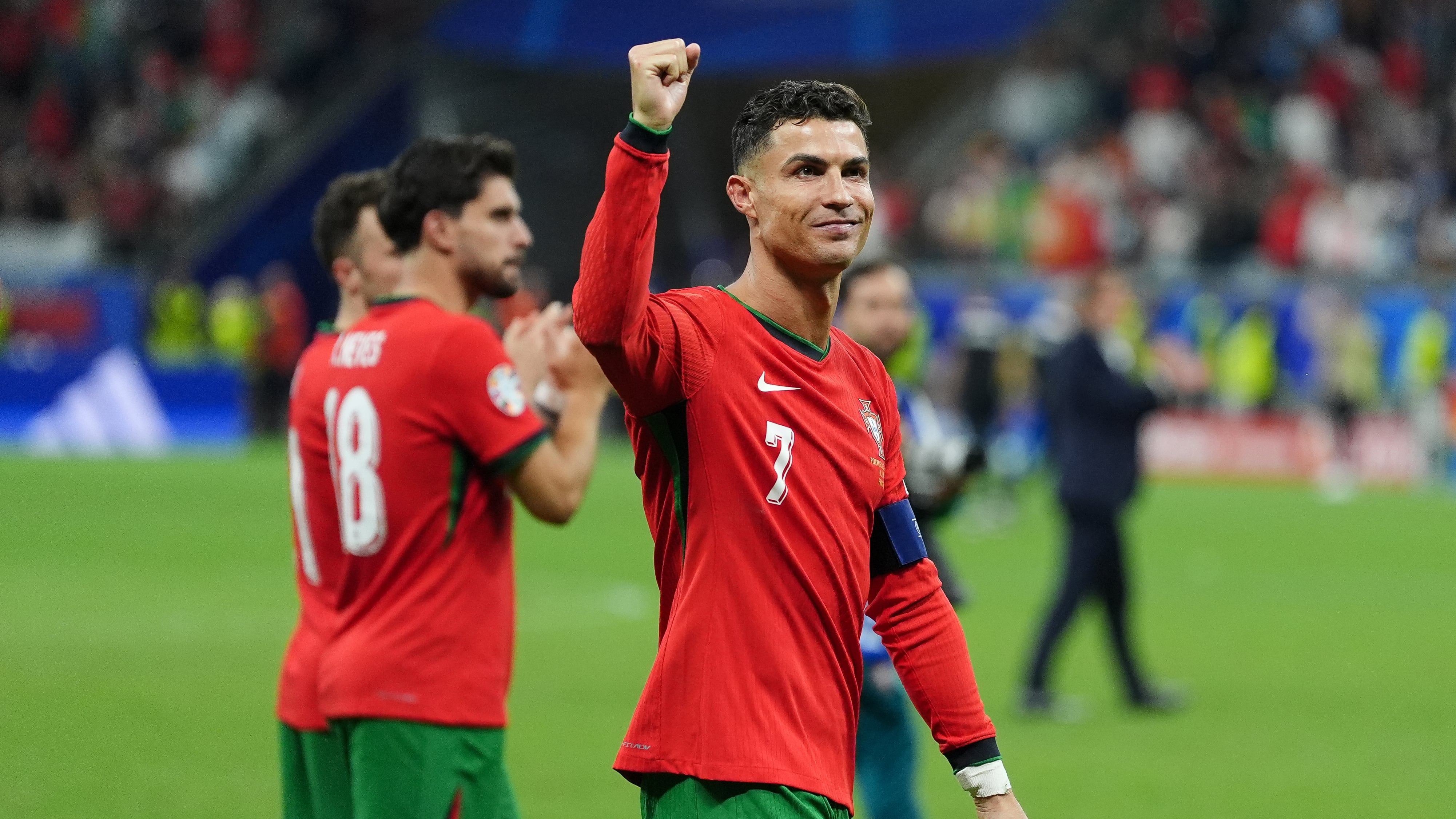 Cristiano Ronaldo celebrates after Portugal’s penalty shoot-out win against Slovenia at Euro 2024