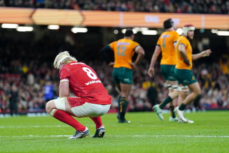 Wales’ Aaron Wainwright reacts after Australia’s Nick Frost scored his side’s second try