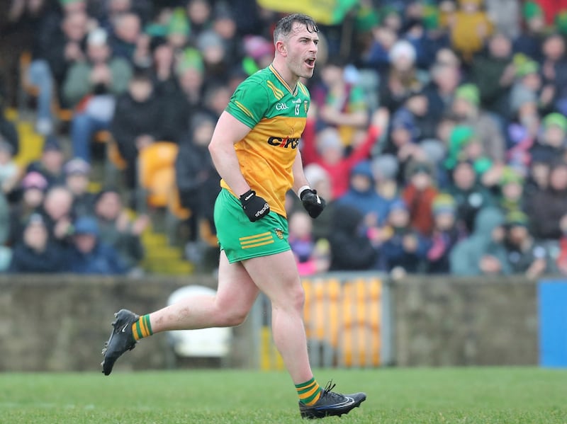 Donegal captain Patrick McBrearty roars away from the net to celebrate a goal against of Cork during the National Football League Div 2 match played at Ballybofey on Sunday 28th January 2024. Picture Margaret McLaughlin