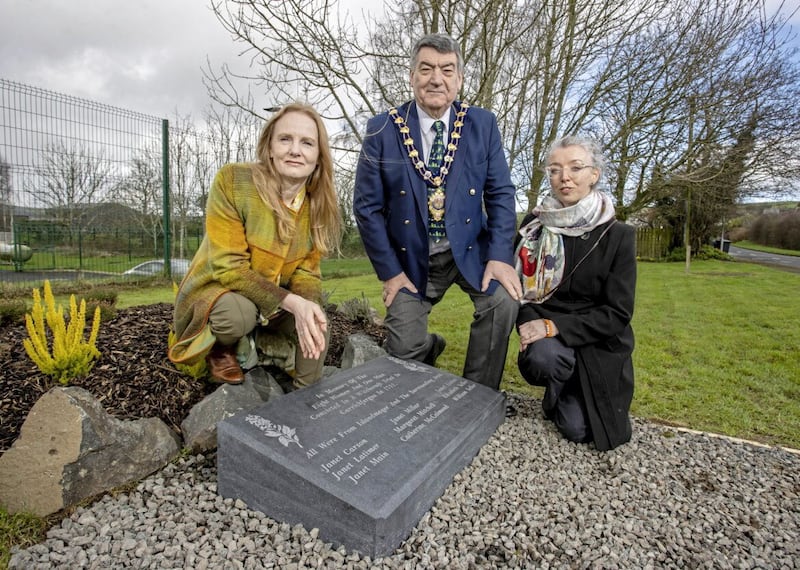 Author Martina Devlin, Noel Williams, mayor of Mid and East Antrim council and Councillor Maeve Donnelly pictured at a plaque unveiled in Co Antrim, which commemorates the Islandmagee witch trial in 1711. Picture by McAuley Multimedia 