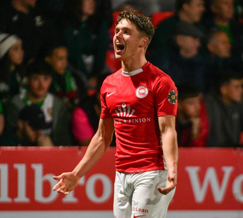 Lusty celebrates Larne's second goal during this evening’s 2-0 win agianst Glentoran at Inver Park, Larne