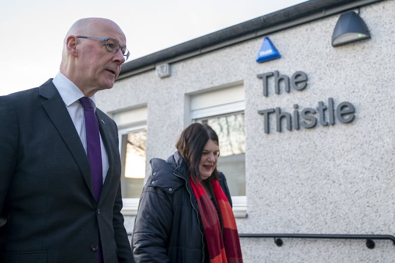 First Minister John Swinney and Glasgow City Council leader Susan Aitken outside the Thistle Centre