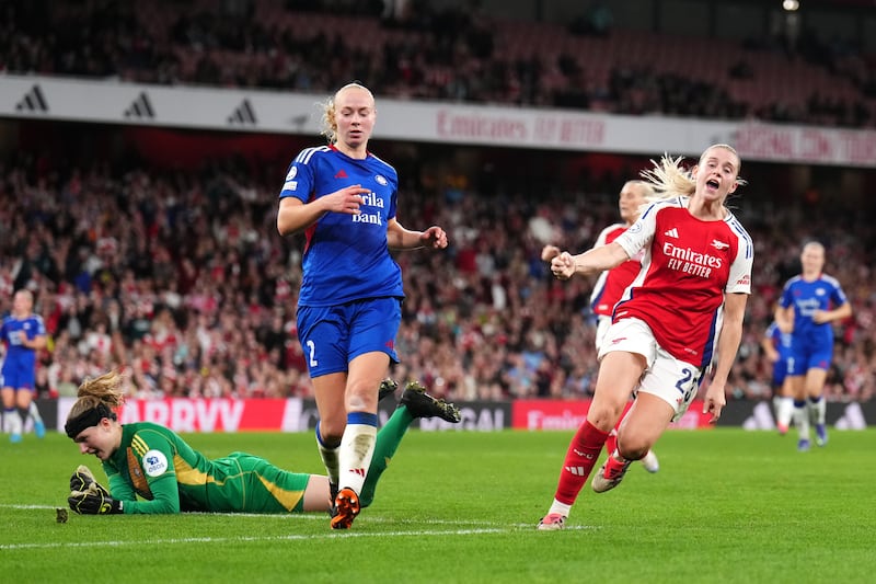 Alessia Russo celebrates scoring Arsenal’s fourth goal in injury-time