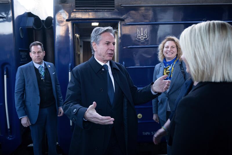 US Secretary of State Antony Blinken is greeted by US Ambassador to Ukraine Bridget Brink after arriving by train at Kyiv-Pasazhyrskyi station (Brendan Smialowksi/AP)