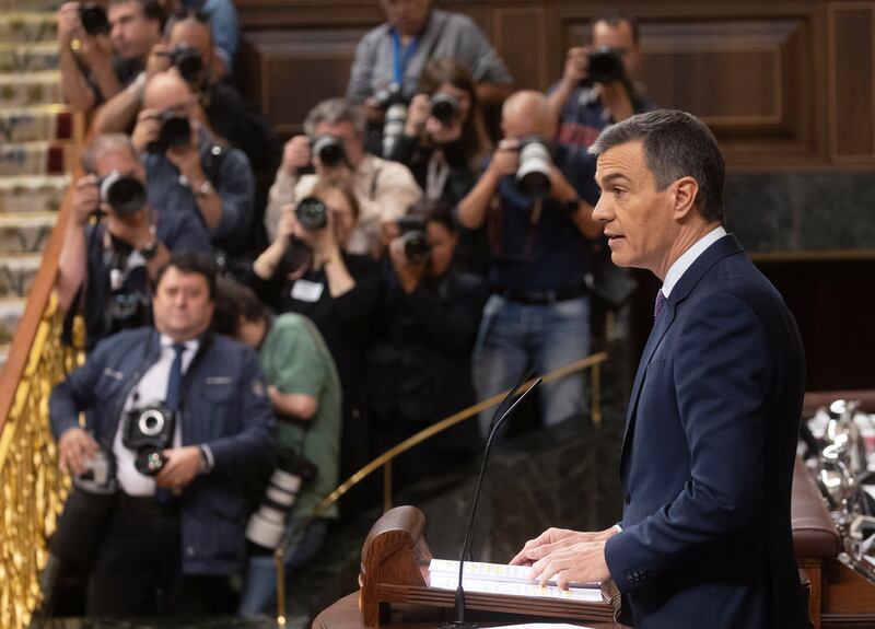 Spain’s Prime Minister Pedro Sanchez speaks in the Spanish Parliament in Madrid (Eduardo Parra/AP)