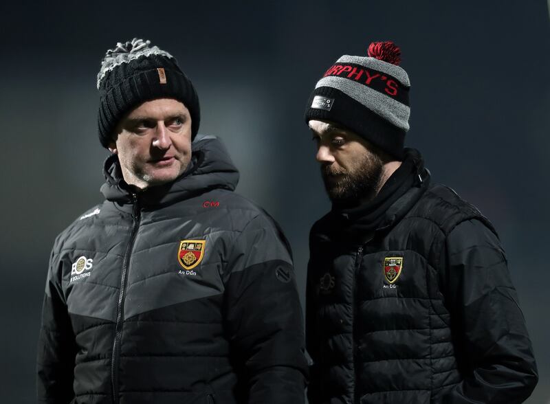 Ciaran Meenagh alongside Down boss Conor Laverty during last weekend's Dr McKenna Cup clash with Derry at Celtic Park. Picture by Margaret McLaughlin