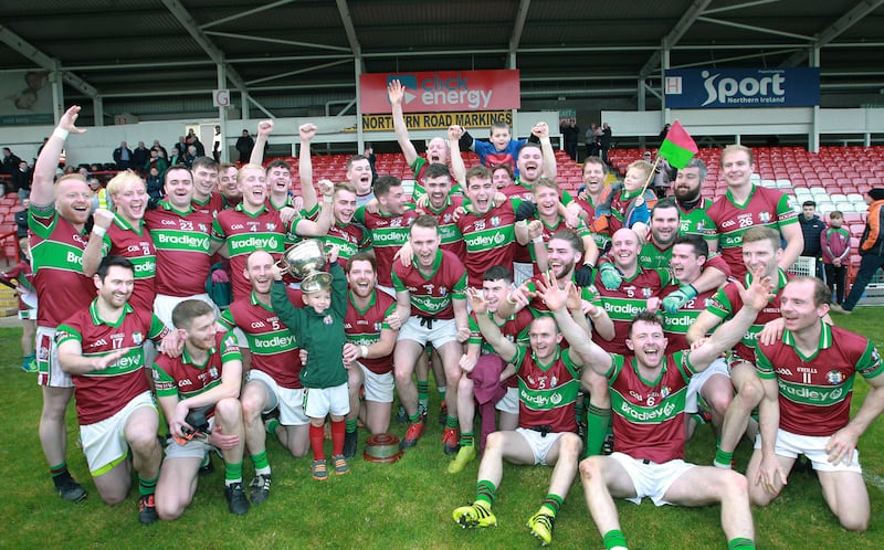 Eoghan Rua celebrate their second Derry SFC title, eight years after the first. Picture by Margaret McLaughlin