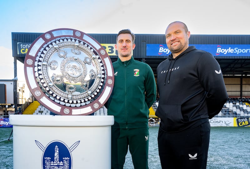 Glentorans Manager Warren Feeney and Marcus Kane pictured at todays launch of the Toals County Antrim shield final between Larne and Glentoran which will be held at Seaview on Tuesday