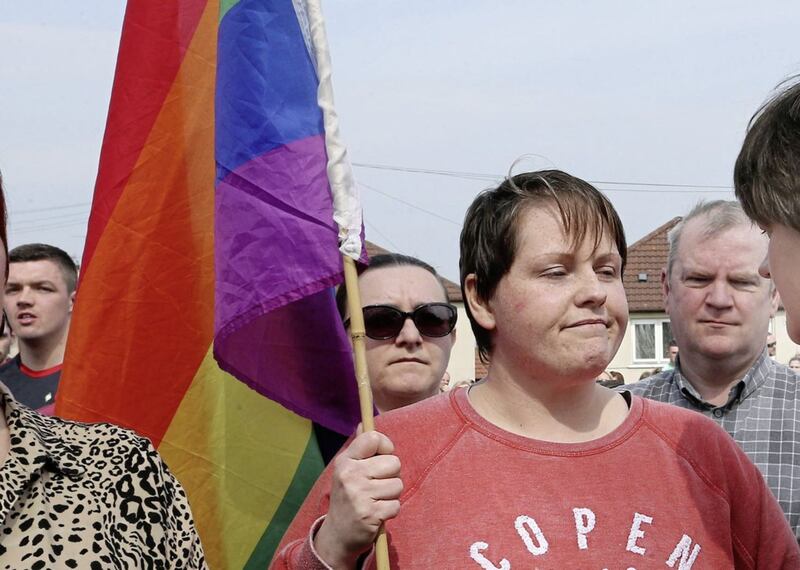 Lyra McKee&#39;s partner, Sara Canning was comforted by DUP leader Arlene Foster in Derry&#39;s Creggan. Photography by Margaret McLaughlin. 
