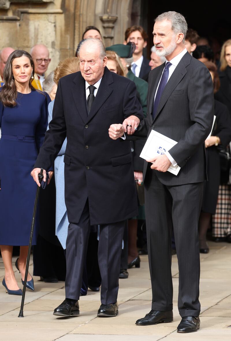 Juan Carlos I, Felipe VI and Queen Letizia of Spain leave St George’s Chapel in Windsor