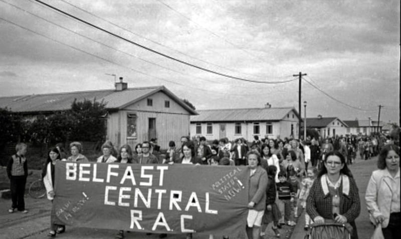 Frances McAllister pictured on the left holding a banner for the Belfast Relatives Action Committee, formed to campaign on behalf of republican prisoners 