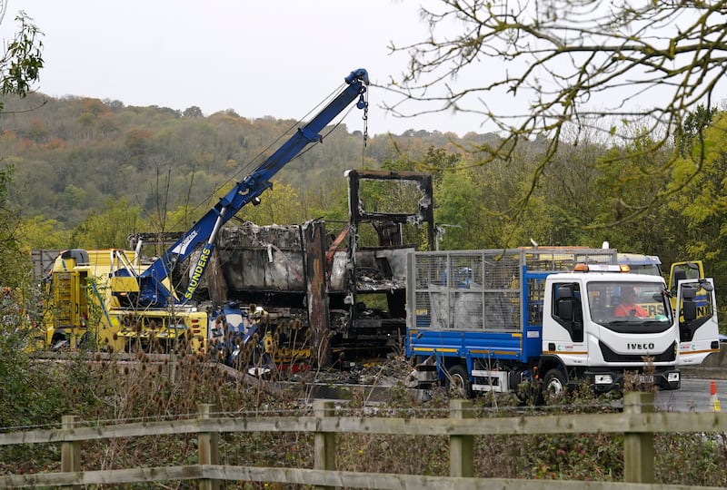 Recovery services at the scene on the M25 motorway between Junction 5 in Kent and Junction 6 in Surrey after a lorry fire