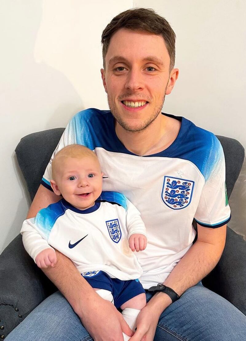 Jamie Nash, with his son, Jude, dressed in England’s T-shirt from the World Cup 2022 (Jamie Nash)