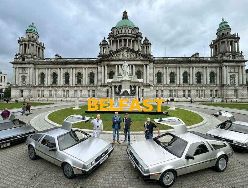 DeLoreans pictured at Belfast City Hall on Friday , Belfast will play host to a convoy of DeLorean cars this weekend.
PIC COLM LENAGHAN