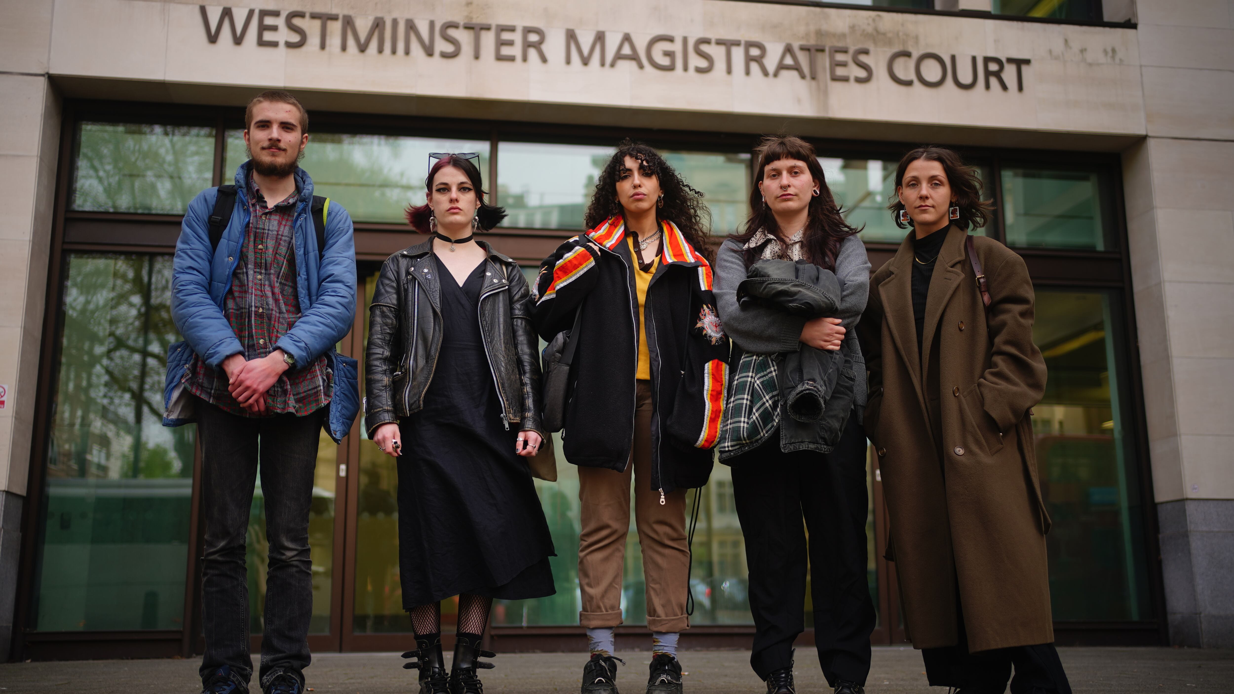 Left to right, Noah Crane, Poppy Bliss, Hanan Ameur, Hannah Taylor and Lydia Gribbin outside Westminster Magistrates’ Court, central London, in April 2024