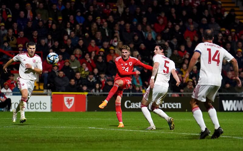 Charlie Savage shoots towards goal during Wales’ last visit to Wrexham, a friendly against Gibraltar in October 2023