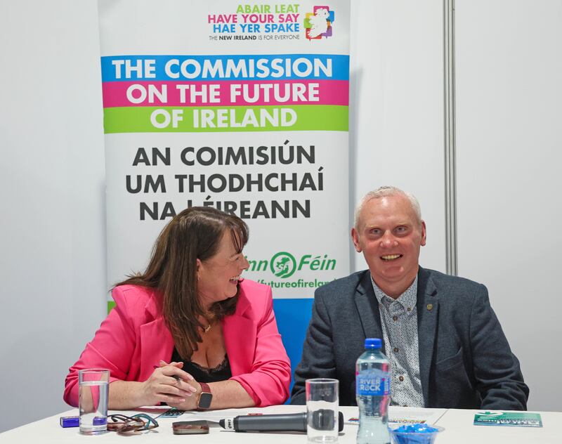 Michelle Gildernew  and John Mcallister during a discussion on Rural Communities in a new Ireland event at the Balmoral Show on Thursday.
PIC COLM LENAGHAN