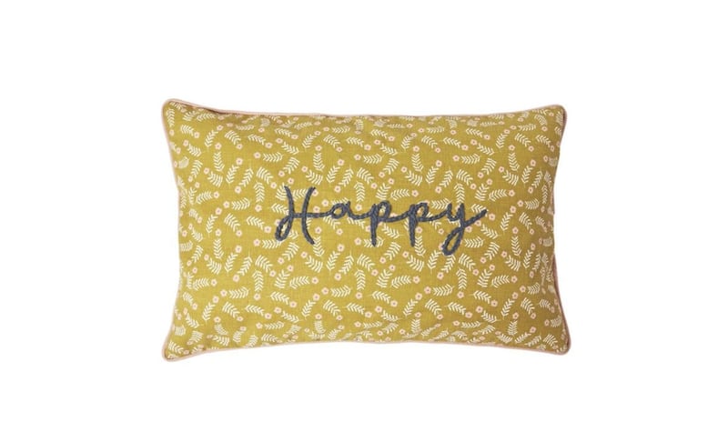 Happy Embroidered Yellow Printed Cushion, Oliver Bonas