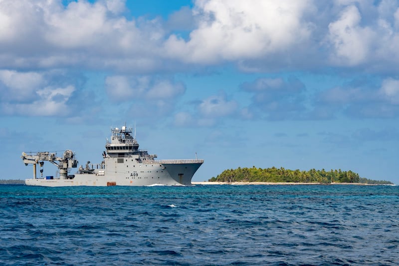 In an image released by the New Zealand Defence Force, HMNZS Manawanui arrives in Funafuti Lagoon, Tuvalu, in September 2022 (PO Christopher Weissenborn/NZDF/AP)