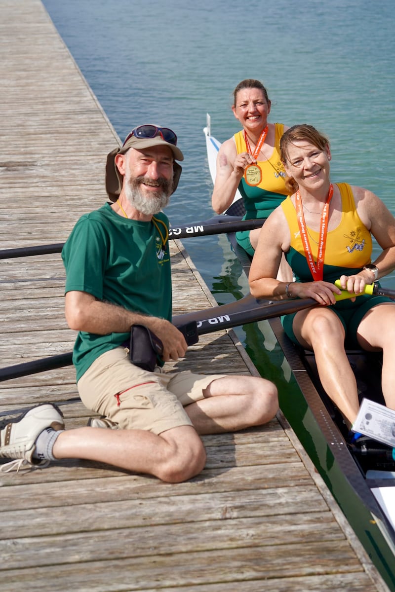 Pete Dick, coach, Louise McDonald (bow seat), Claire McCann (stroke seat) after being awarded the Gold Medals at the European Masters Rowing Championships 2024 in Munich