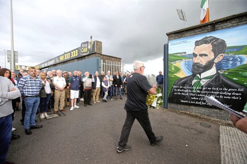 A wreath is laid by Padriag McCoitor at Casement Park in west Belfast on the 106th anniversary of Roger Casement&#39;s death. Picture by Mal McCann 