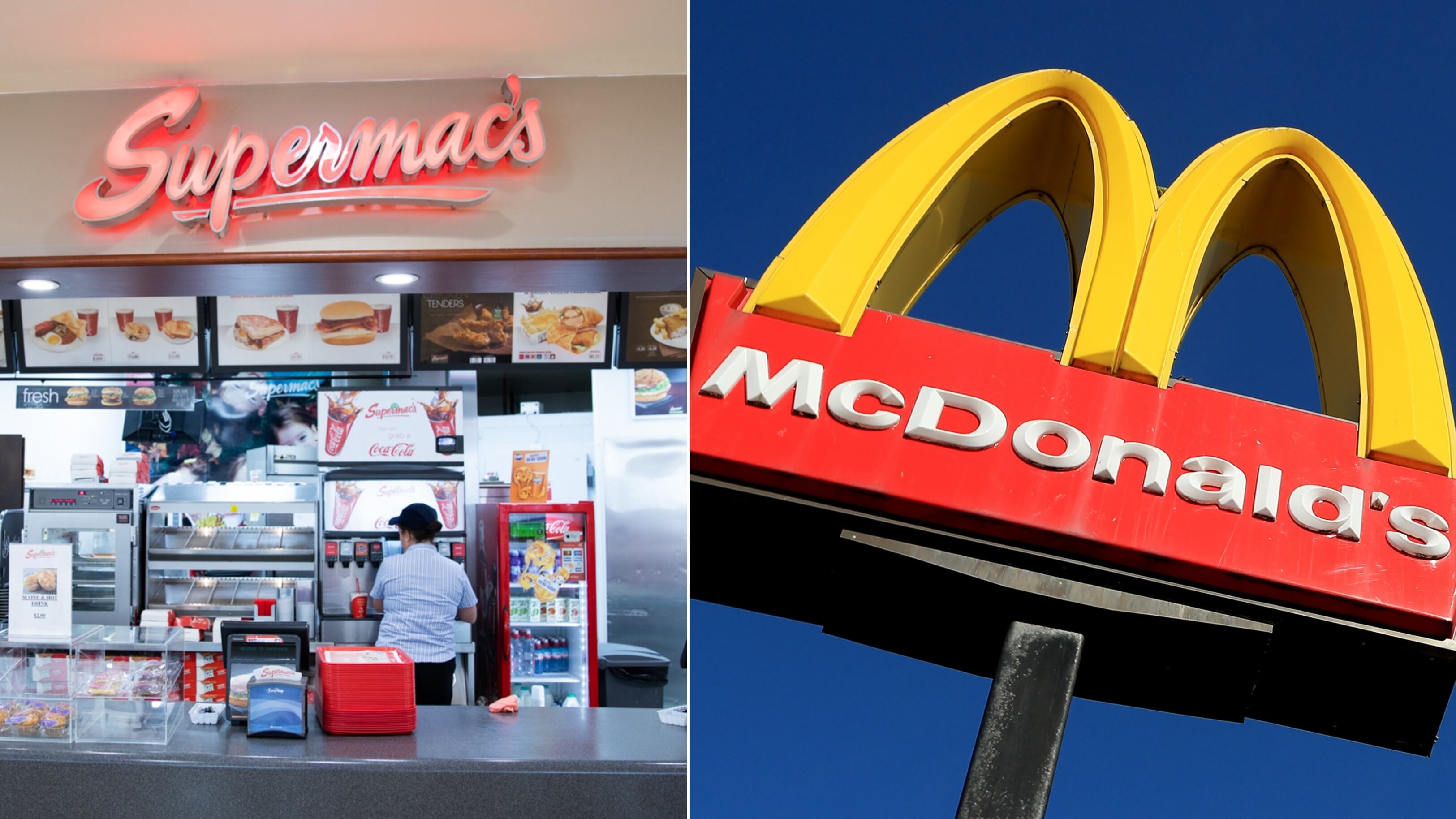 Split image showing Supermac's outlet in Derry's Foyleside and (right), McDonald's golden arches.