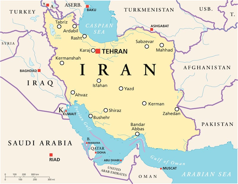 Iran Political Map with capital Tehran, national borders, most important cities, rivers and lakes. English labeling and scaling. Illustration.