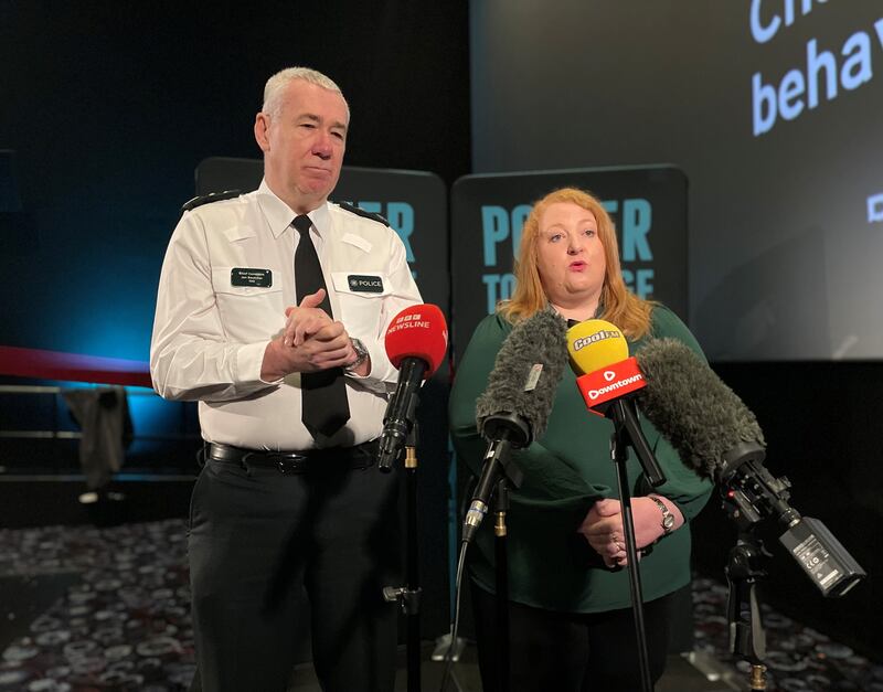 Chief Constable Jon Boutcher and Justice Minister Naomi Long speak to reporters after the launch of the PSNI’s Power to Change campaign .