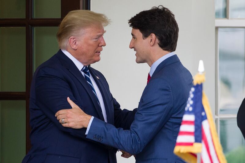 Donald Trump greets Canadian Prime Minister Justin Trudeau upon his arrival at the White House, June 20, 2019 (Alex Brandon, File/AP)