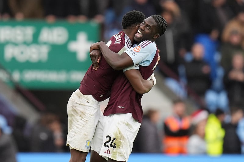 Aston Villa’s Amadou Onana (right) and Jhon Duran celebrate the victory