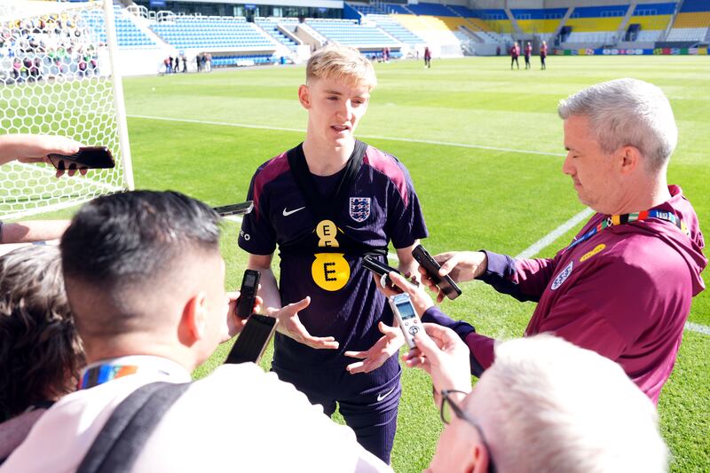 England’s Anthony Gordon (left) spoke to the media after the team’s training session in Jena.