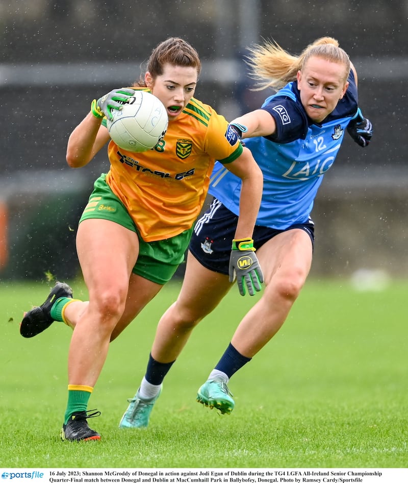 Shannon McGroddy of Donegal in action against Jodi Egan of Dublin during the TG4 LGFA All-Ireland Senior Championship Quarter-Final match between Donegal and Dublin at MacCumhaill Park in Ballybofey, Donegal. Photo by Ramsey Cardy/Sportsfile