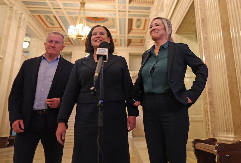 Sinn Fein Leader Mary Lou McDonald AND  First Minister in Waiting Michelle O’Neill  speak to a school  on Tuesday, after  the DUP's agreement to return to the NI Assembly - after agreeing to a package of measures put forward by the government.
PICTURE: COLM LENAGHAN