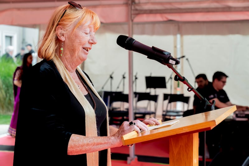 Jean McGuinness receiving the inaugural Sister Nivedita Award at the 10th India Day celebration in Farmleigh, Dublin image from The Ireland India Council via X