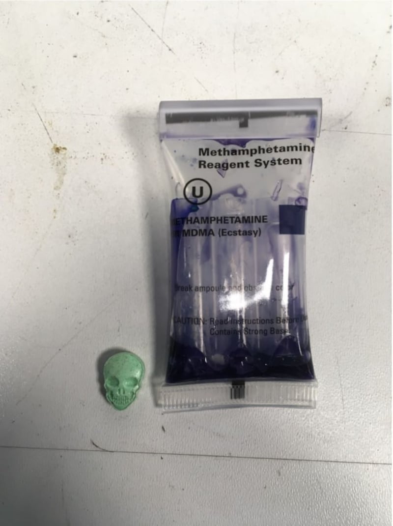 A package addressed to Marshall Scurfield was found to contain 29,000 green skull-shaped ecstasy tablets