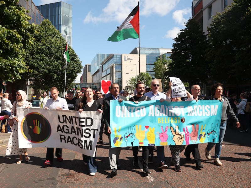 Several thousand anti-racism protesters have gathered in Belfast city centre for another demonstration on the back of a week of violence and disorder.

The rally was organised by a collective of organisations, including the trade union movement, United Against Racism and End Deportations Belfast.
PICTURE COLM LENAGHAN