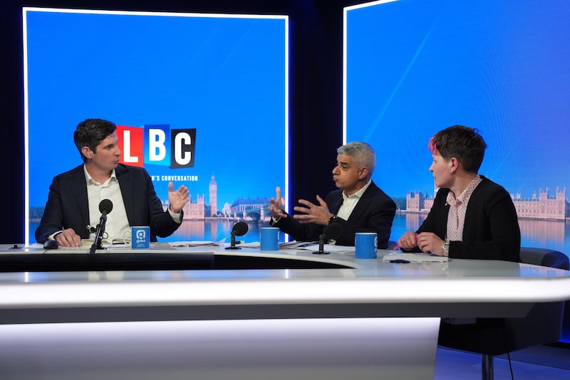 Sadiq Khan and Zoe Garbett during the LBC London Mayoral Debate, hosted by Tom Swarbrick