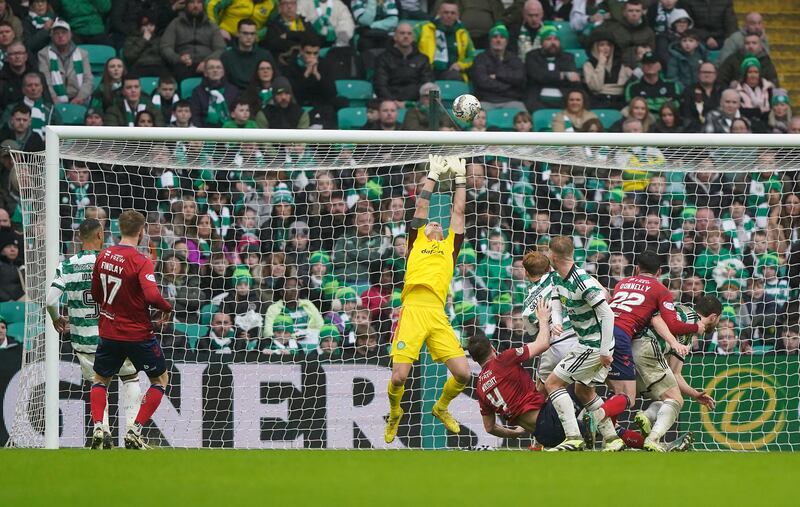 Celtic goalkeeper Joe Hart saves a header against Kilmarnock