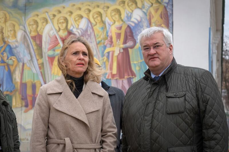 Iceland’s foreign minister Thorgerdur Katrin Gunnarsdottir, left, and Ukraine’s Foreign Minister Andriiy Sybiha in Kyiv, Ukraine (Efrem Lukatsky/AP)